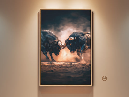 Dramatic bull fight artwork. Two powerful bulls clash in a cloud of dust. This framed canvas art brings intensity to any space. Perfect for lovers of wildlife and animal artwork.