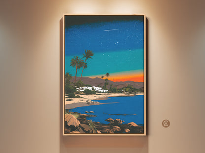 Retro futurism artwork shows a beach house under a synthwave night. Palm trees and deep blue ocean create a dreamy coastal scene. This art print adds eclectic style to any room a perfect travel gift.