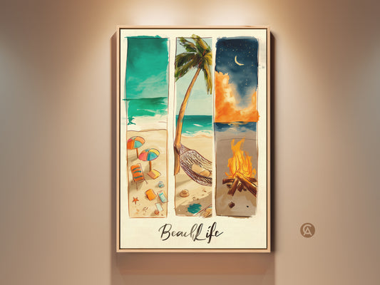 Framed beach life artwork. This relaxing beach art features a collage of beach scenes.  It shows the ocean a hammock and a bonfire at night.  Buy this beach artwork for your home today