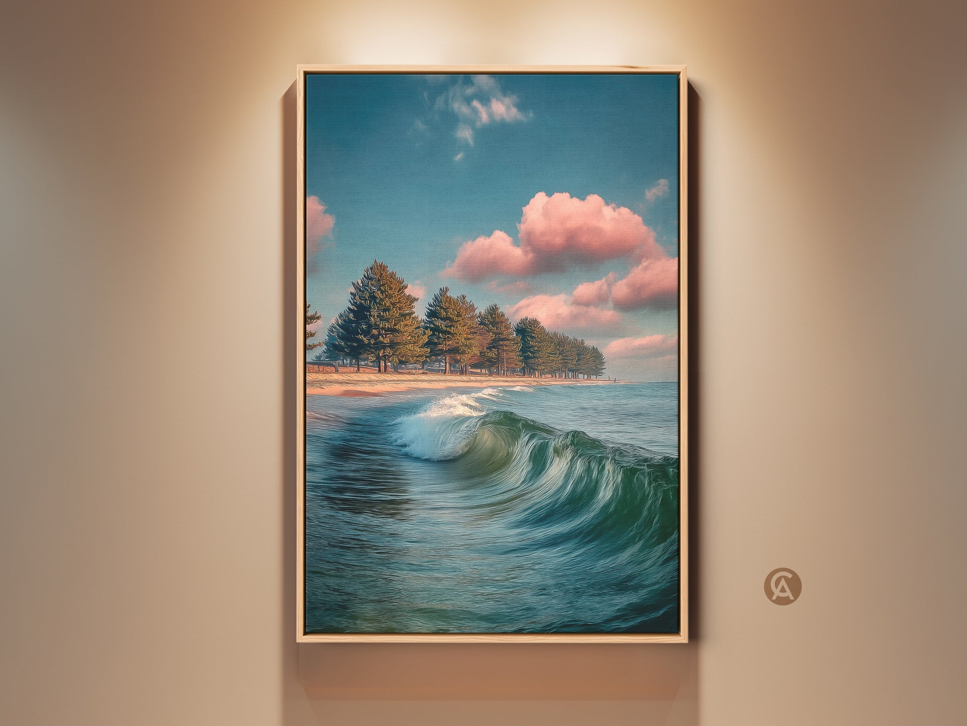 Framed teal pine tree beach canvas print. Coastal ocean wave artwork. This contemporary artwork features a blue and pink sky landscape. Perfect home decor for beach lovers. The serene seascape adds a calming touch. Ideal for living room art or bedroom wall decor.