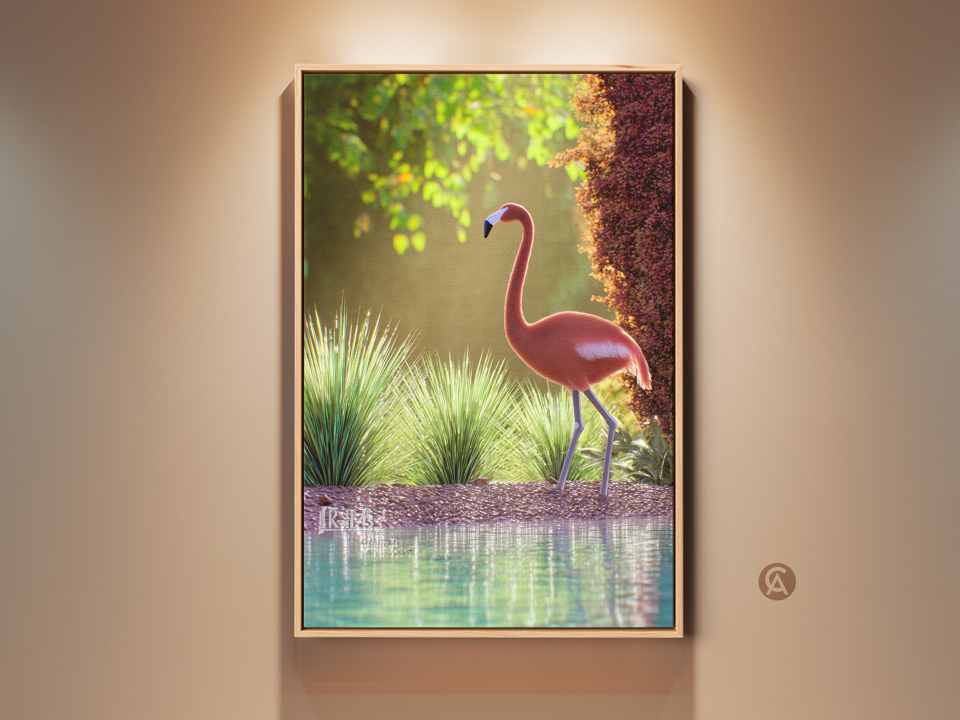 Framed coastal flamingo wall art in a natural setting. This wildlife artwork features a pink bird and lush greenery. Perfect for adding a touch of nature to your bedroom or living room. The coral pink and orange hues bring a vibrant coastal vibe. A serene piece of nature photography for your home.