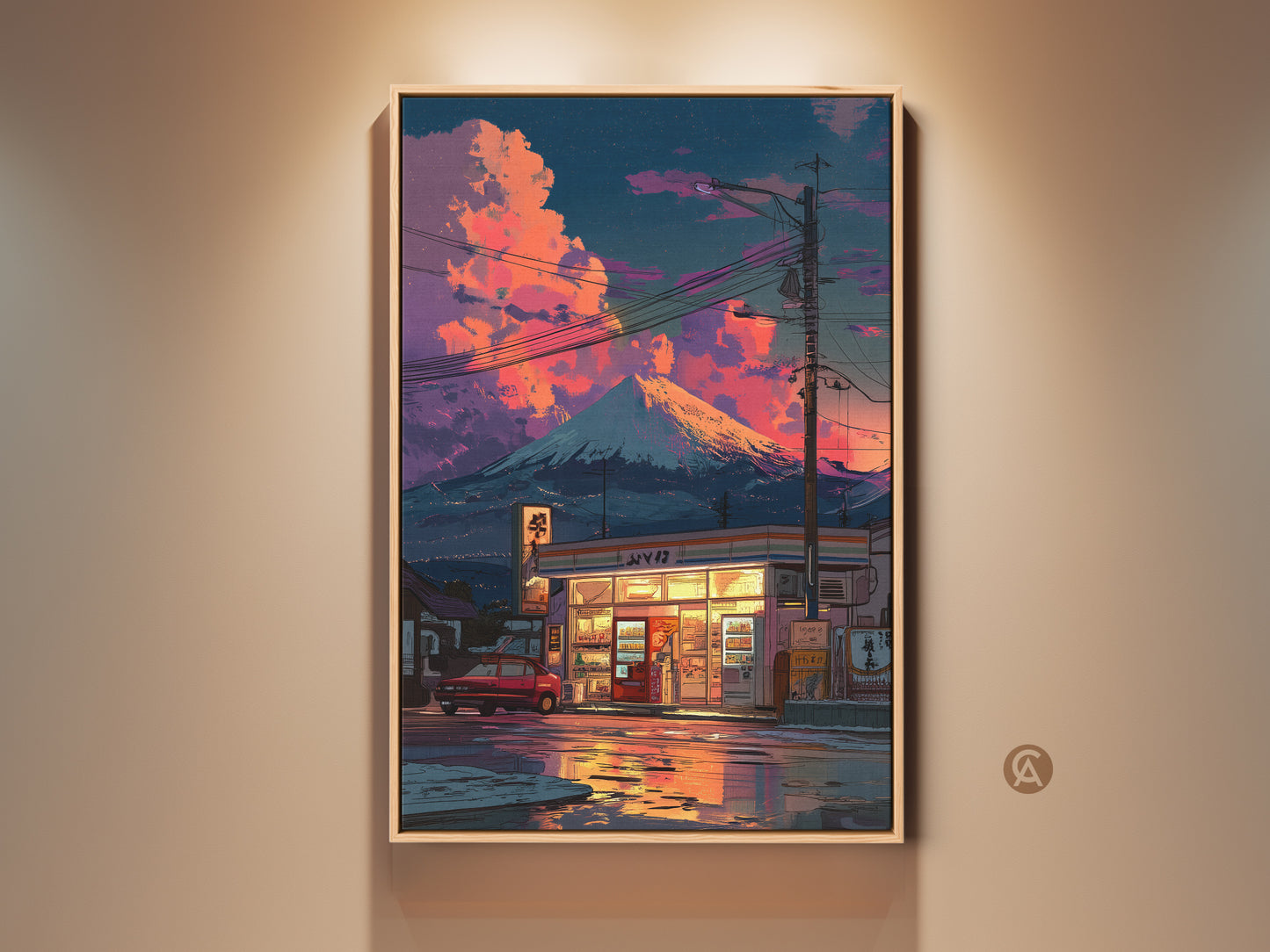 Framed retro anime art of a Japanese convenience store at sunset. Mount Fuji rises in the background with pink orange skies. This travel landscape poster brings bedroom aesthetic decor. A unique art print gift for anime fans. This home decor wall hanging has a cinematic landscape art feel.