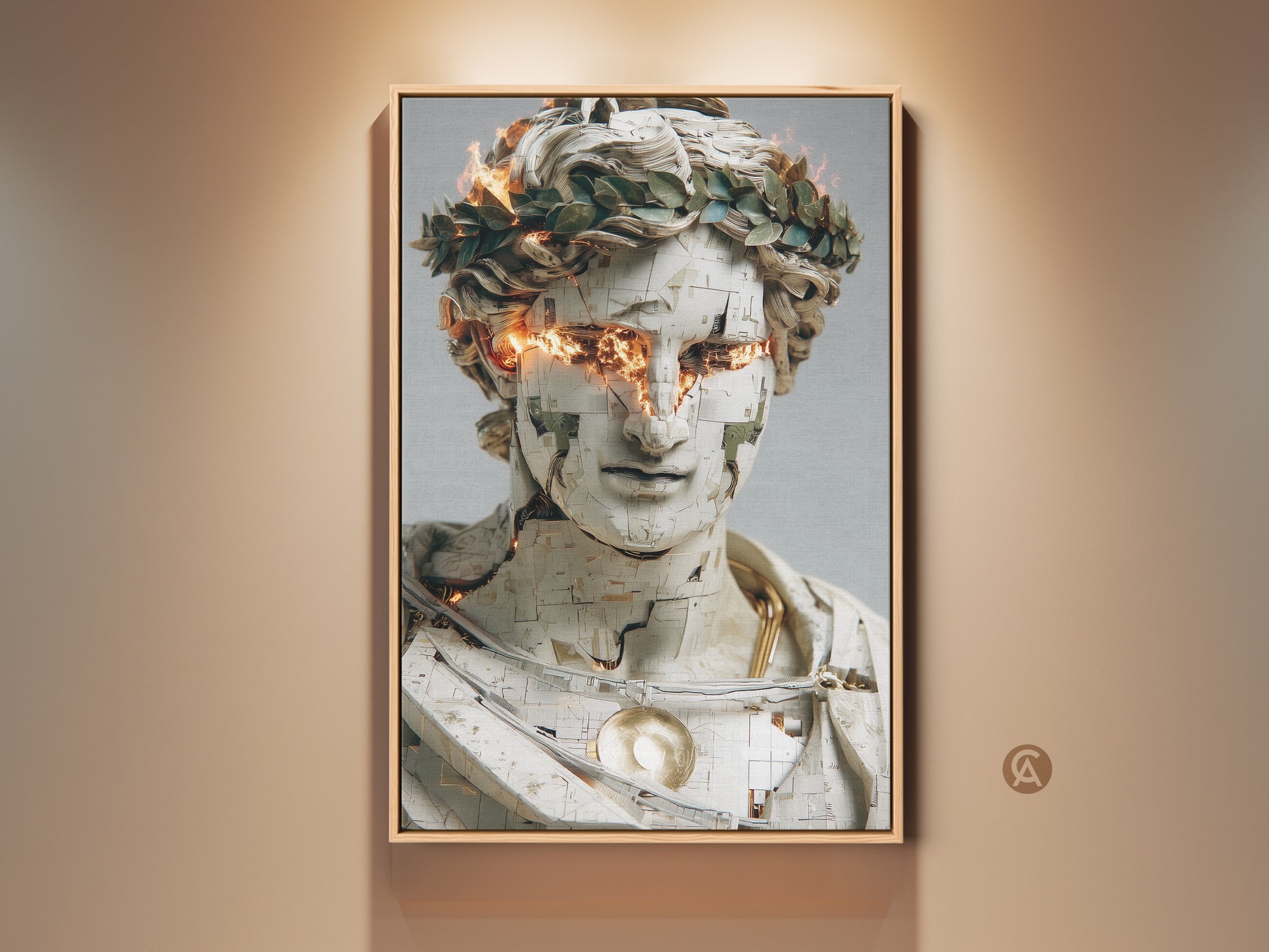 Framed contemporary digital art print showcases an abstract bust with gold orange fire eyes. This unique artwork enhances office and study walls. It's a striking piece of modern conceptual art that serves as a unique gift. High-quality print captures intricate mechanical details and surreal figurative elements.