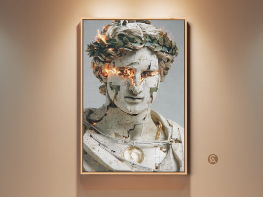 Framed contemporary digital art print showcases an abstract bust with gold orange fire eyes. This unique artwork enhances office and study walls. It's a striking piece of modern conceptual art that serves as a unique gift. High-quality print captures intricate mechanical details and surreal figurative elements.
