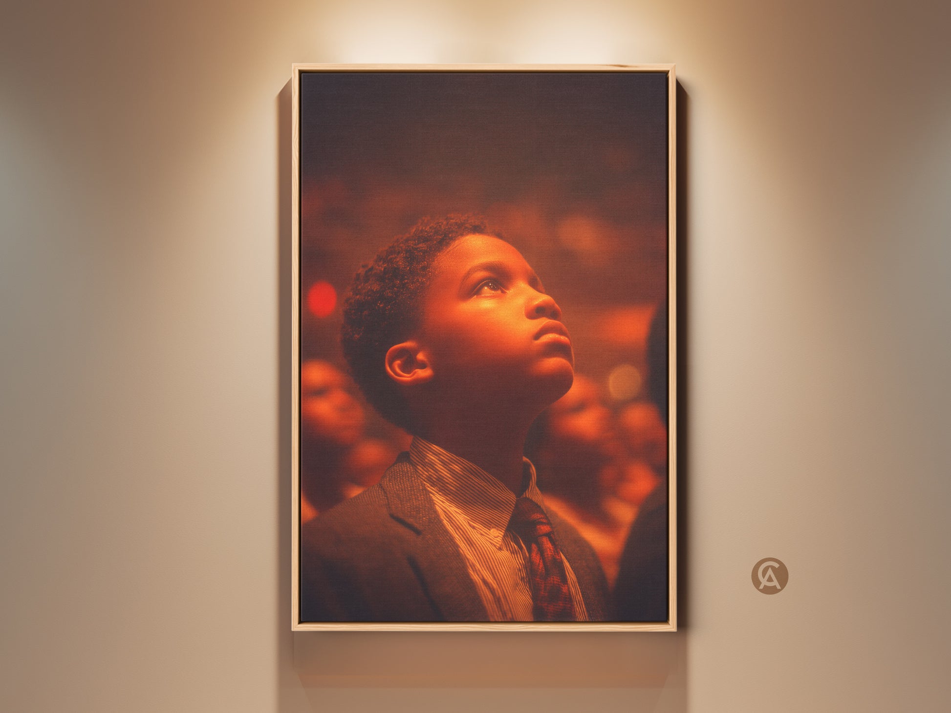 Framed artwork of a young Black boy looking up. He is wearing a suit and tie. The art has warm orange tones. It is displayed on a neutral wall with a spotlight above.