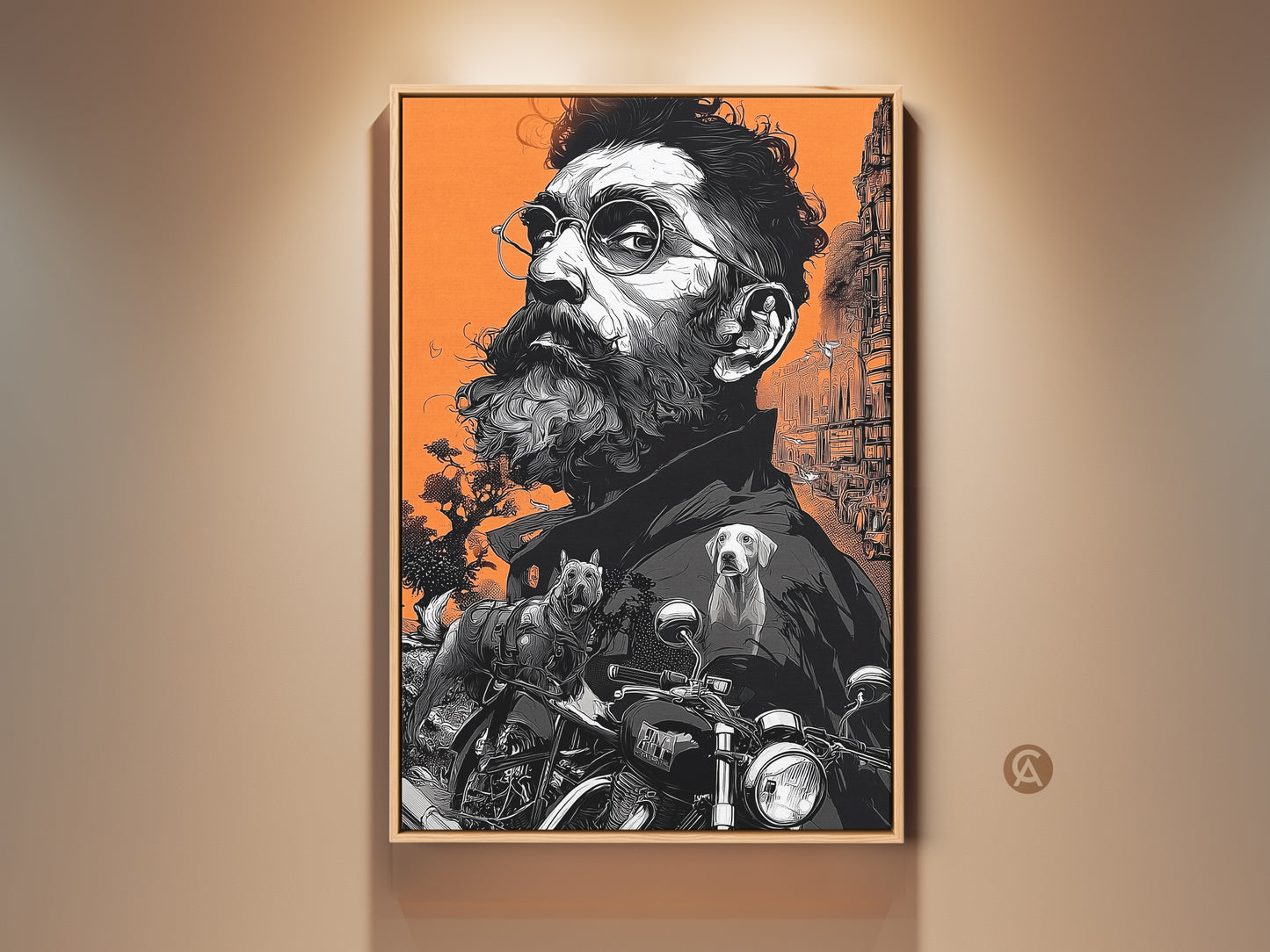 Framed portrait artwork featuring a bearded man with glasses. The art includes dogs and a motorcycle. The warm orange background contrasts with the black and white drawing. This framed art piece makes a bold statement.