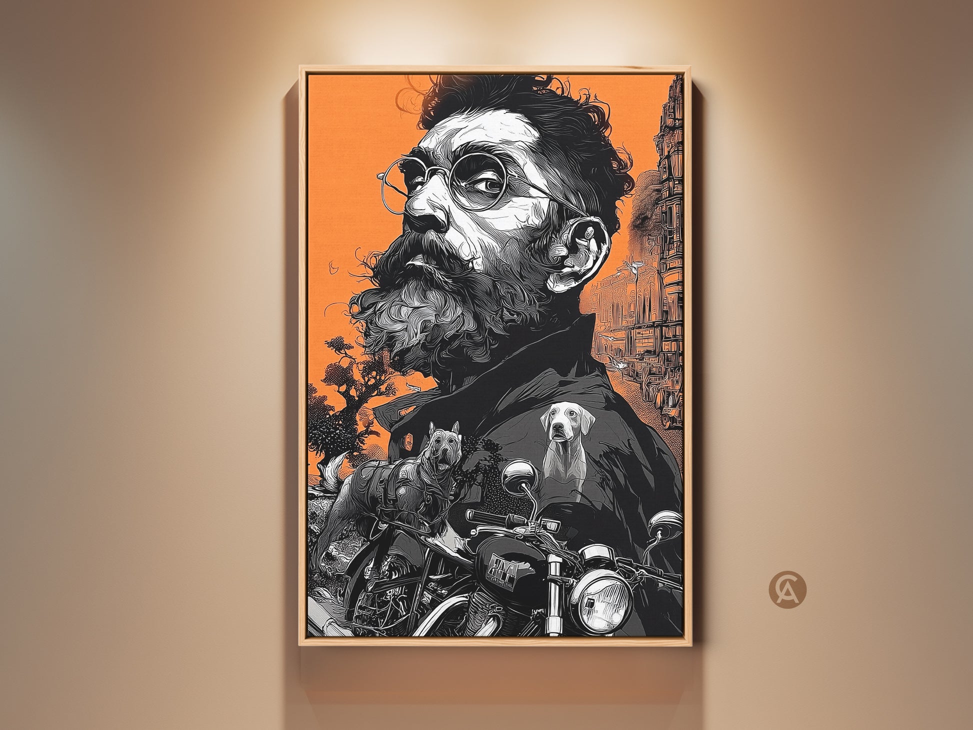 Framed portrait artwork featuring a bearded man with glasses. The art includes dogs and a motorcycle. The warm orange background contrasts with the black and white drawing. This framed art piece makes a bold statement.