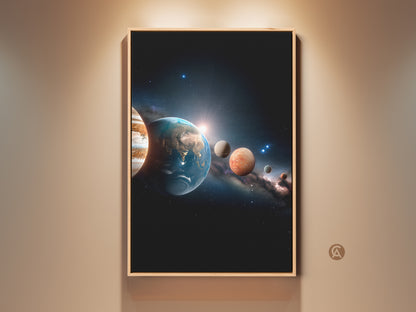 Gallery wall art featuring a stunning solar system artwork print. The artwork shows planets aligned in space. This framed wall art adds cosmic beauty to any room. Perfect for space enthusiasts looking for unique decor.