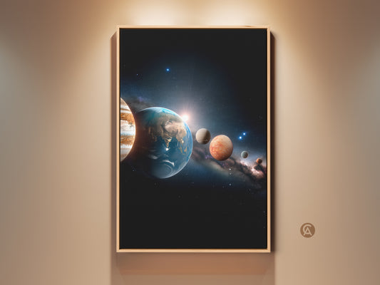 Gallery wall art featuring a stunning solar system artwork print. The artwork shows planets aligned in space. This framed wall art adds cosmic beauty to any room. Perfect for space enthusiasts looking for unique decor.