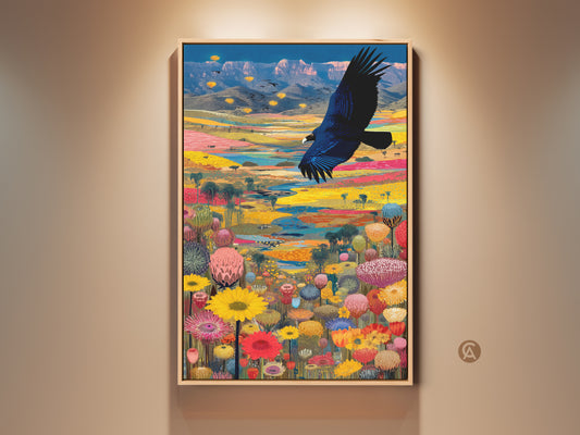 A framed surreal eagle landscape art print hangs against a neutral wall. The blue bird soars over colorful desert flora. This eclectic home decor gift adds a unique touch. The avian art is a vibrant and captivating home accent piece for bird watchers.