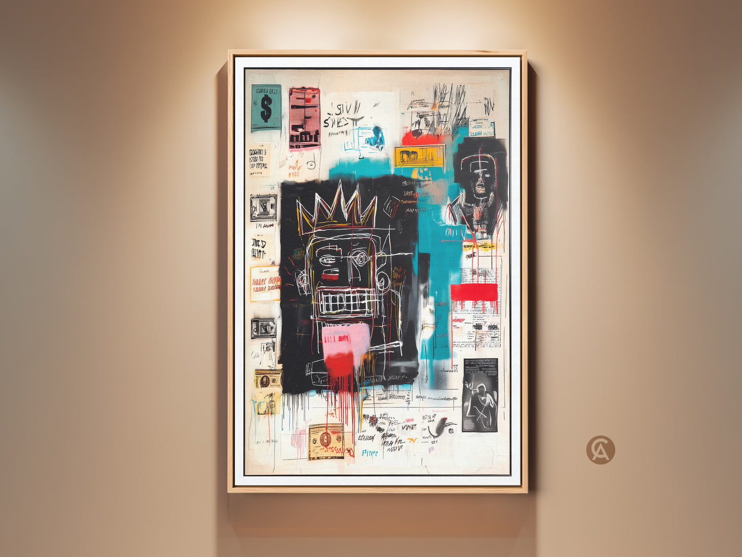 Framed Basquiat-inspired artwork adds a modern edge to any space. The canvas boasts bold colors and striking imagery. This contemporary art piece is ready to hang. It brings an urban gallery vibe to your home decor. A perfect statement piece for art lovers.