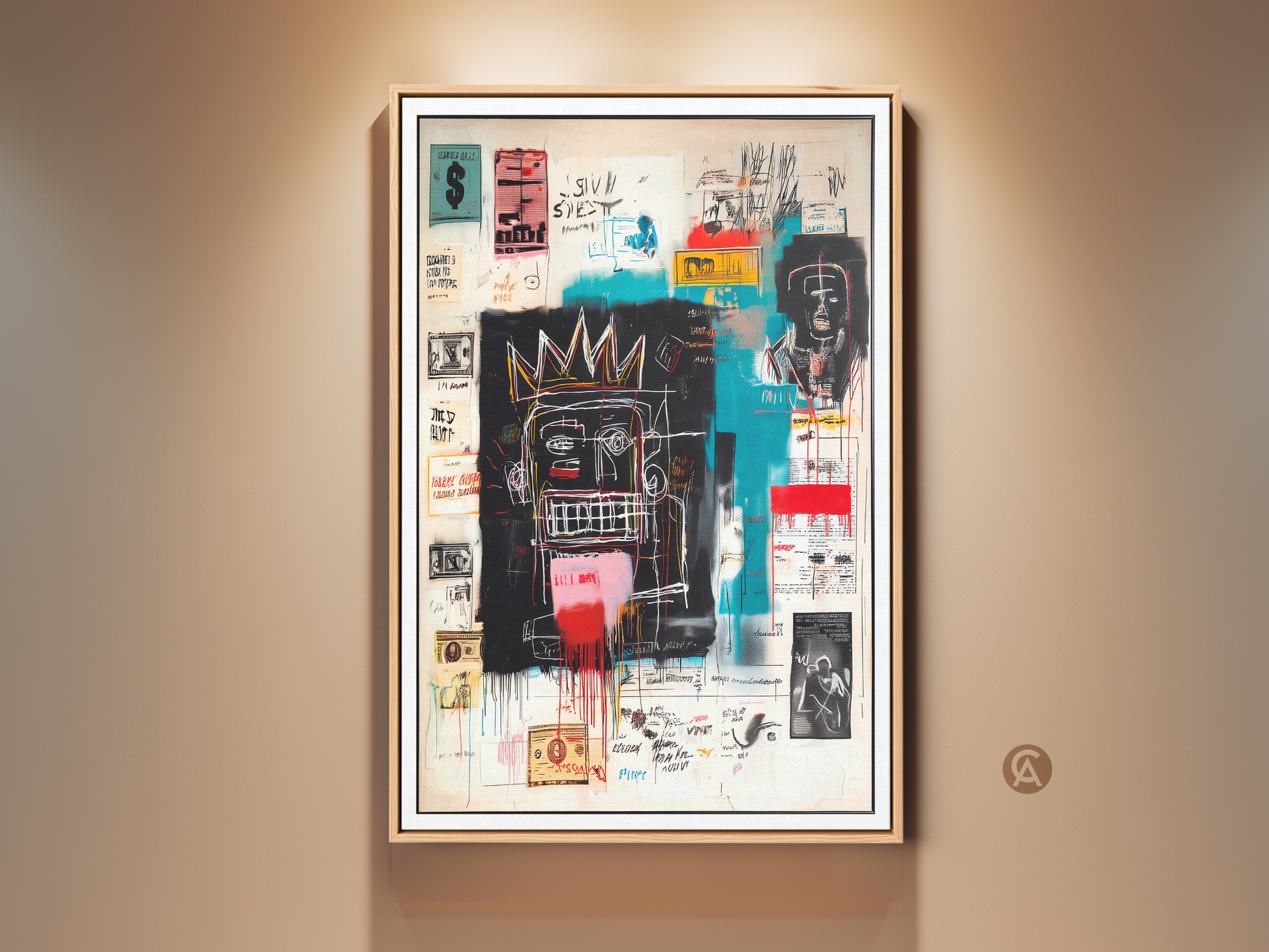 Framed Basquiat-inspired artwork adds a modern edge to any space. The canvas boasts bold colors and striking imagery. This contemporary art piece is ready to hang. It brings an urban gallery vibe to your home decor. A perfect statement piece for art lovers.