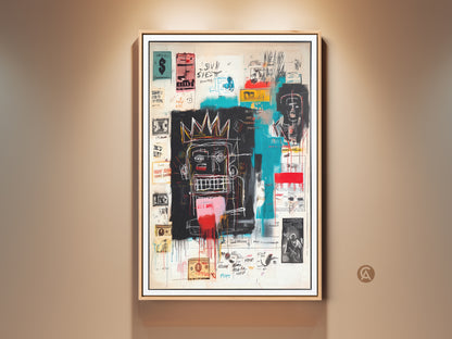 Framed Basquiat-inspired artwork adds a modern edge to any space. The canvas boasts bold colors and striking imagery. This contemporary art piece is ready to hang. It brings an urban gallery vibe to your home decor. A perfect statement piece for art lovers.