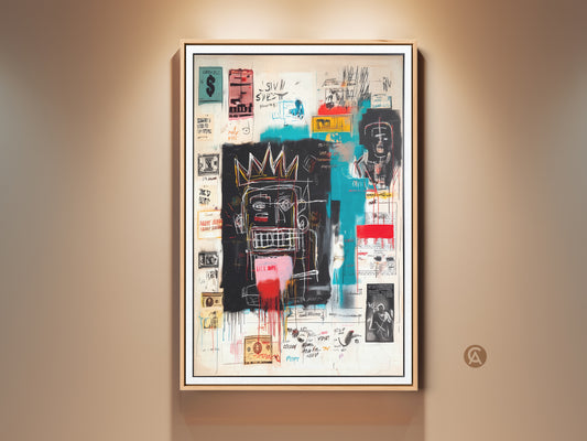 Framed Basquiat-inspired artwork adds a modern edge to any space. The canvas boasts bold colors and striking imagery. This contemporary art piece is ready to hang. It brings an urban gallery vibe to your home decor. A perfect statement piece for art lovers.
