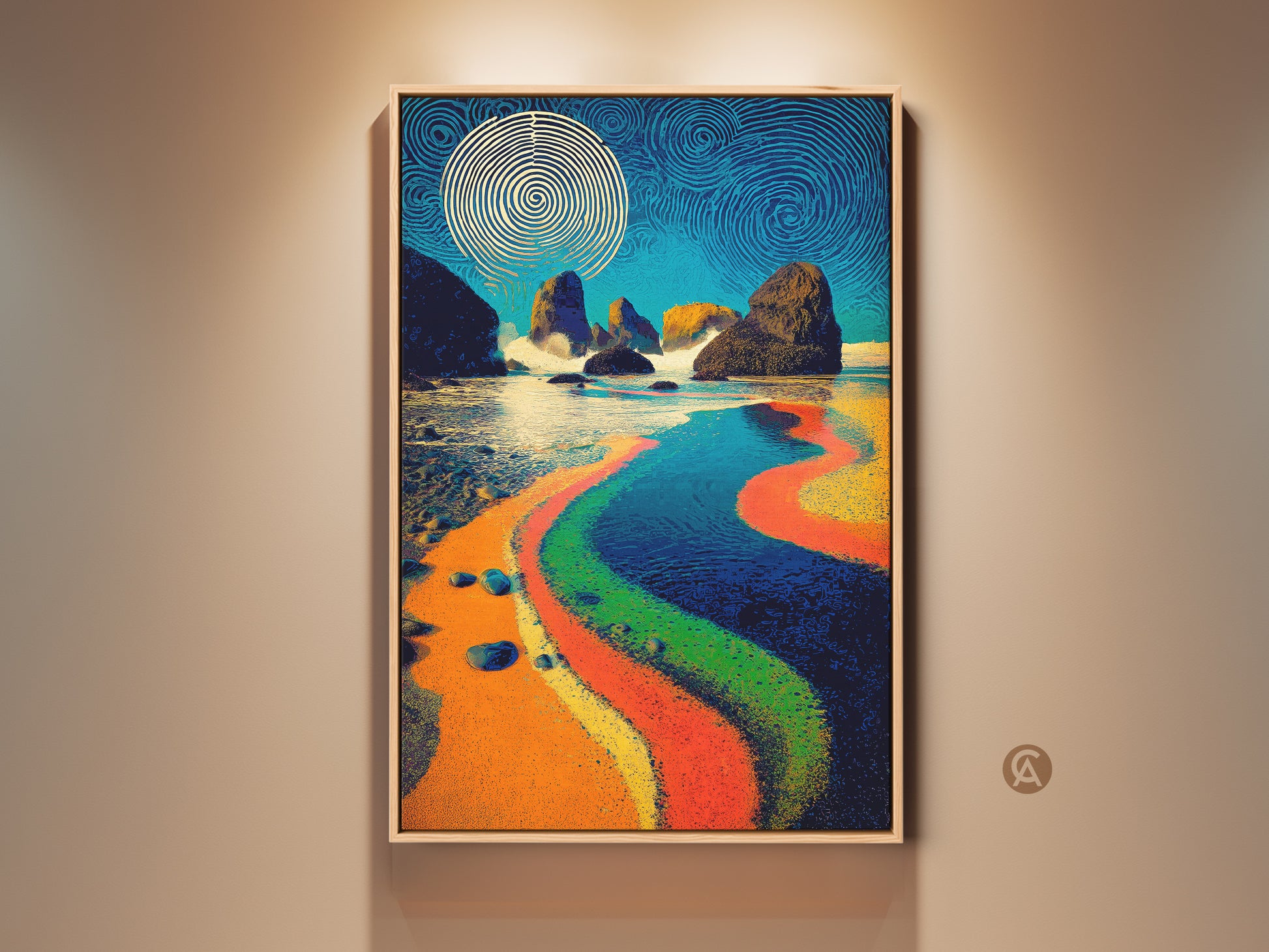 Abstract Ocean Wall Artwork that will enhance your living space. This beach scene canvas print showcases deep blue orange and teal coastal colors. The modern abstract painting adds an eclectic touch to your home decor. It is a perfect housewarming gift idea or a present for beach lovers.
