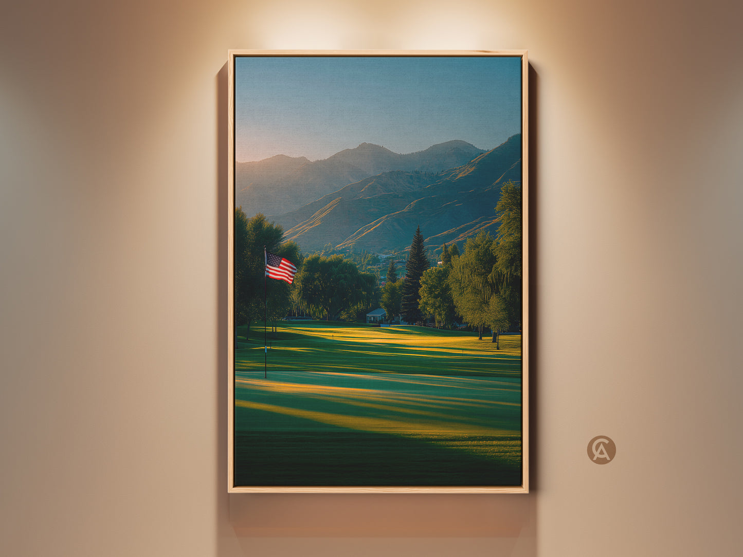 Framed canvas artwork print featuring a golf course at sunrise. An American flag waves gently. Mountains rise in the background. Perfect wall art for golf lovers. Buy it now to add a scenic touch to your home decor.