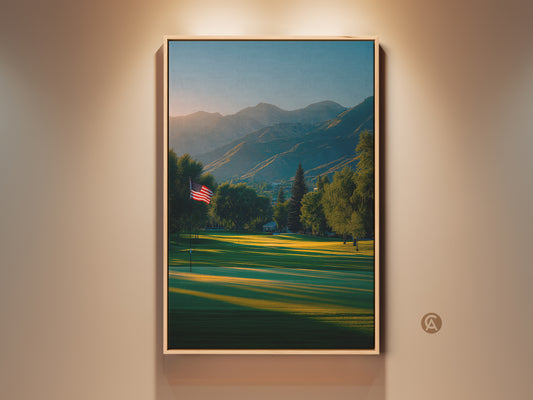 Framed canvas artwork print featuring a golf course at sunrise. An American flag waves gently. Mountains rise in the background. Perfect wall art for golf lovers. Buy it now to add a scenic touch to your home decor.