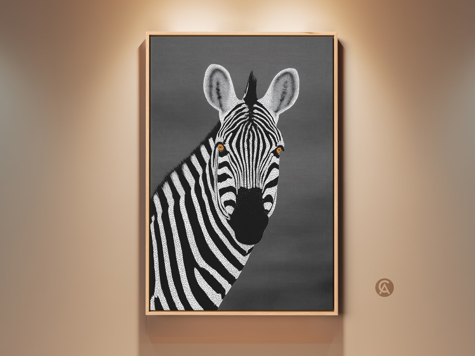 Framed monochrome zebra canvas art in a room setting. The zebra portrait features a minimalist dot art style. This black and white contemporary home decor adds a sophisticated touch. Ideal bedroom wall art for safari theme and modern living spaces.