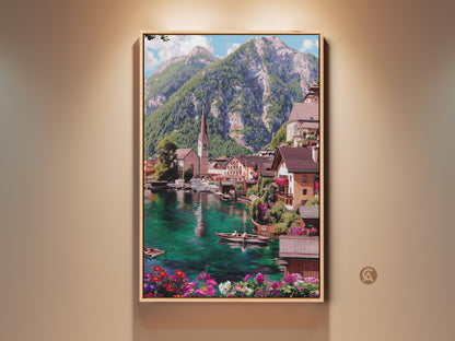Framed teal lake village wall art. This scenic home decor features an impressionistic mountain landscape and charming European town. The contemporary artwork adds a touch of tranquil nature to any room. Perfect housewarming gift showcasing blue green water and a picturesque mountain backdrop.