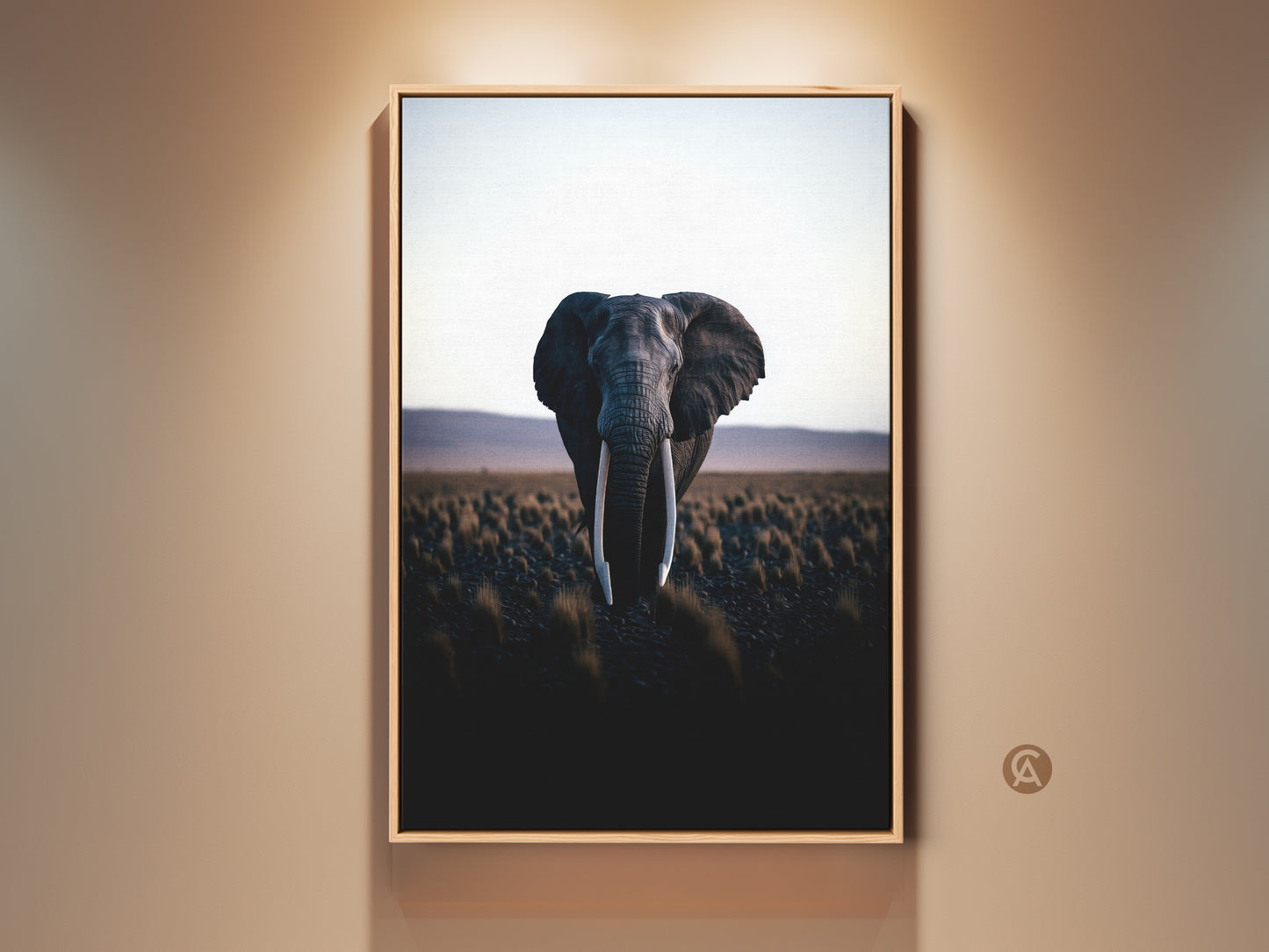 Framed dark gray elephant canvas art print. This wildlife landscape artwork brings nature indoors. Perfect modern home decor for bedroom or living room. A thoughtful gift for nature lovers.