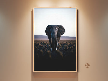 Framed dark gray elephant canvas art print. This wildlife landscape artwork brings nature indoors. Perfect modern home decor for bedroom or living room. A thoughtful gift for nature lovers.