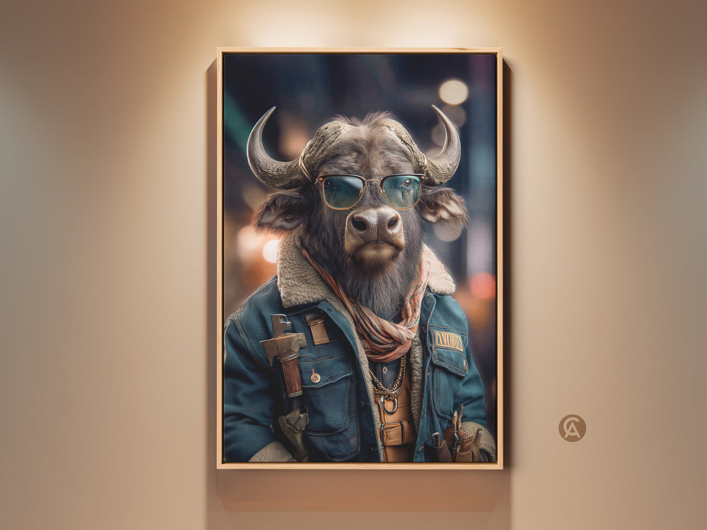 A cool Buffalo with Sunglasses Canvas Art Print for your office decor. This Animal Portrait is a unique gift for Animal Lovers. It features an Eclectic Animal in a Denim Jacket. A Character Art piece perfect for office creative wall art. This Stylish Buffalo Artwork is a trendy animal portrait.