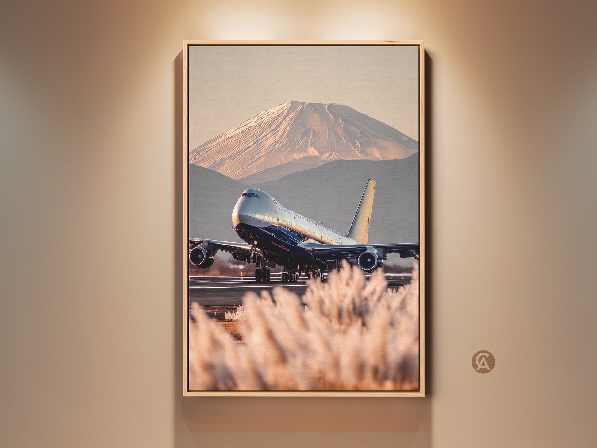 Realistic Boeing 747 airplane taking off with Mount Fuji in the distance. Contemporary travel photography canvas art in blue gold beige tones. Perfect global travel artwork for office or home entryway. A unique gift for aviation enthusiasts or pilots. Add a worldly touch to your space with this scenic mountain print.