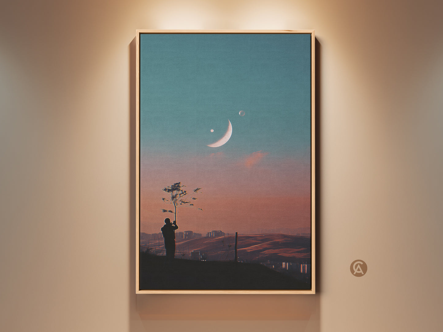Surreal Space Art Print on display. This dreamy moon canvas art features a lone tree silhouette. Distant planets add to the celestial landscape. A unique stargazing gift for modern home decor. The blue orange gradient sky art creates an otherworldly dreamscape.