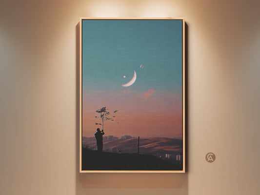 Surreal Space Art Print on display. This dreamy moon canvas art features a lone tree silhouette. Distant planets add to the celestial landscape. A unique stargazing gift for modern home decor. The blue orange gradient sky art creates an otherworldly dreamscape.