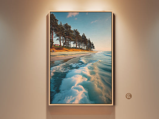 Framed ocean wave canvas art print featuring a coastal landscape with pine trees. This blue teal beach scene wall decor brings a serene touch to any room. A perfect housewarming gift for a home seeking a coastal aesthetic.