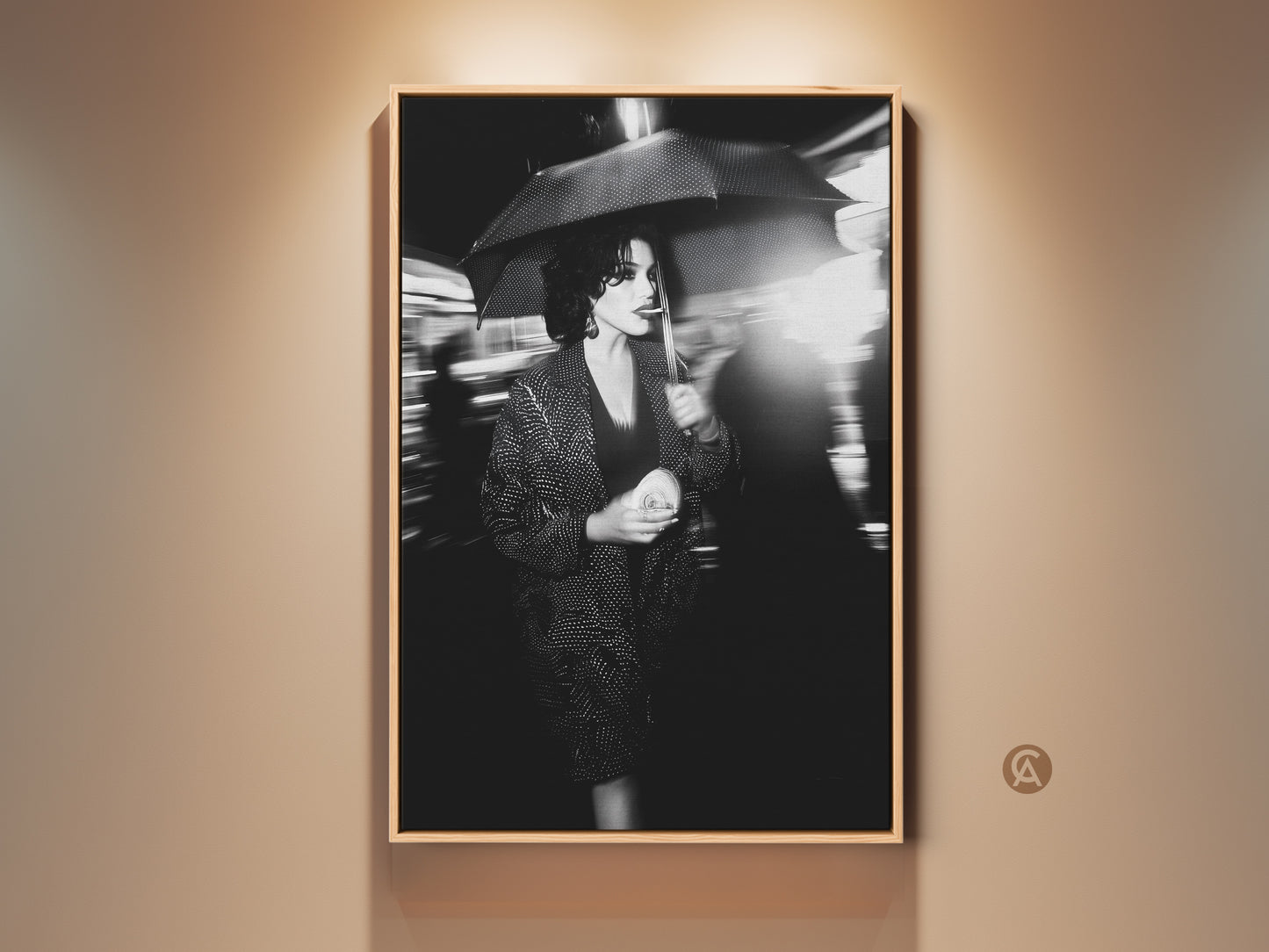 Woman Umbrella Canvas Print for wall art. This street photography captures a monochrome woman in motion. She holds an umbrella. This is a stunning piece of contemporary fashion wall decor for urban spaces. The black and white portrait adds a cinematic touch. It is perfect for chic apartment art.