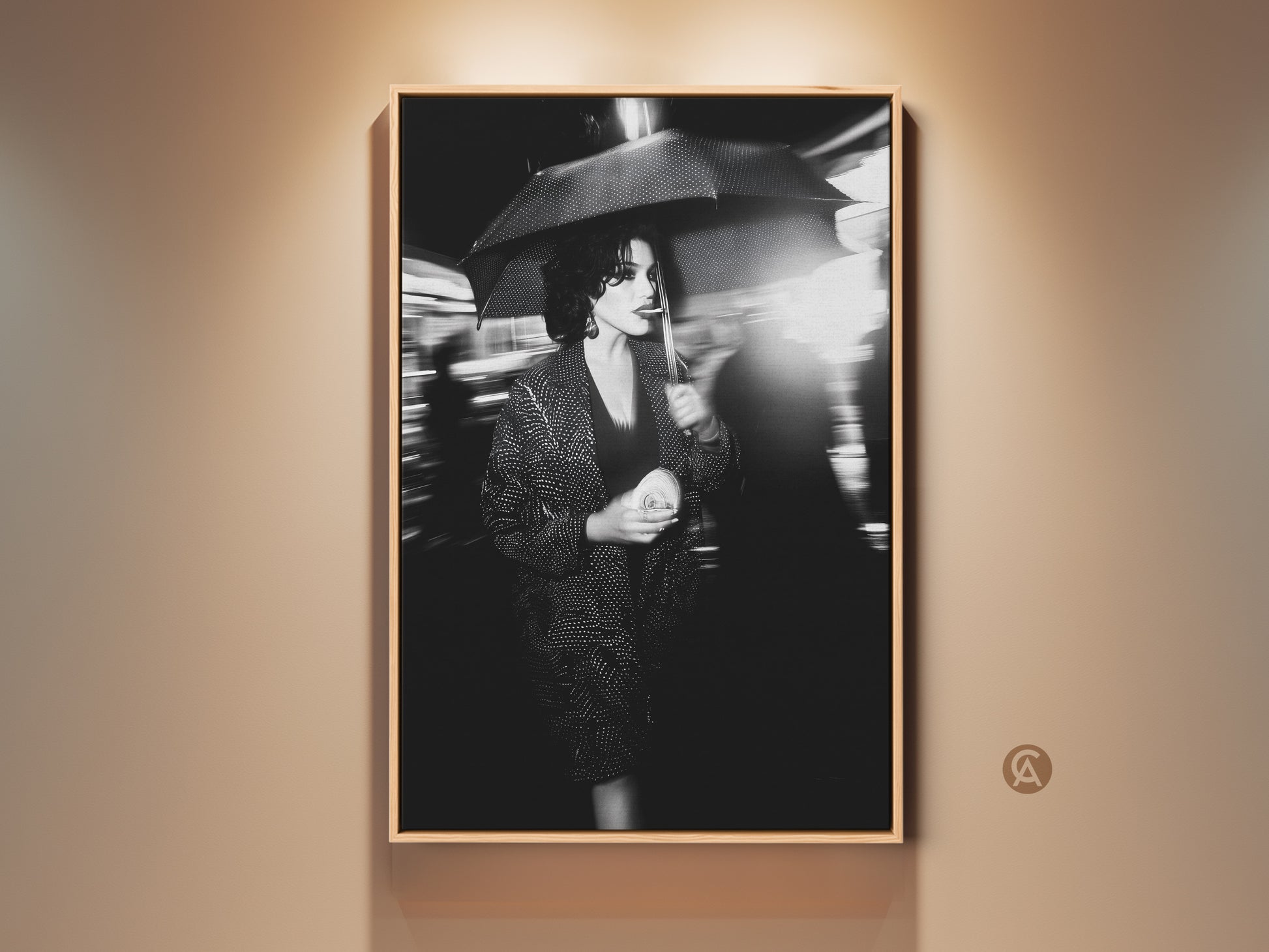 Woman Umbrella Canvas Print for wall art. This street photography captures a monochrome woman in motion. She holds an umbrella. This is a stunning piece of contemporary fashion wall decor for urban spaces. The black and white portrait adds a cinematic touch. It is perfect for chic apartment art.