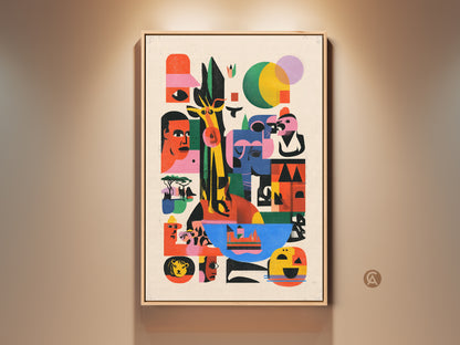 Discover vibrant abstract giraffe and lion artwork. This modern folk art print features an eclectic wildlife canvas. The colorful geometric wall decor is perfect as an entry hall gift. Add unique abstract painting to your home with orange yellow and blue art.