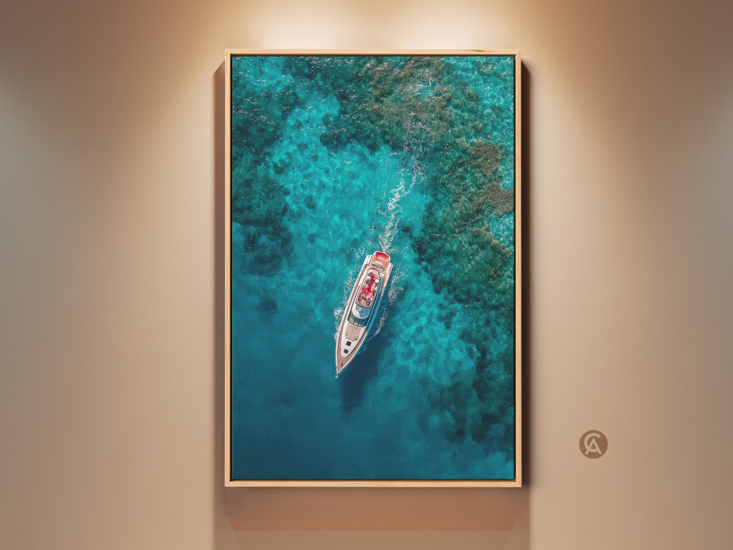 Elevate your space with stunning yacht artwork. This framed artwork print captures a luxury yacht sailing across turquoise waters. The aerial view showcases the yachts sleek white hull. Discover captivating yacht art perfect for any room.