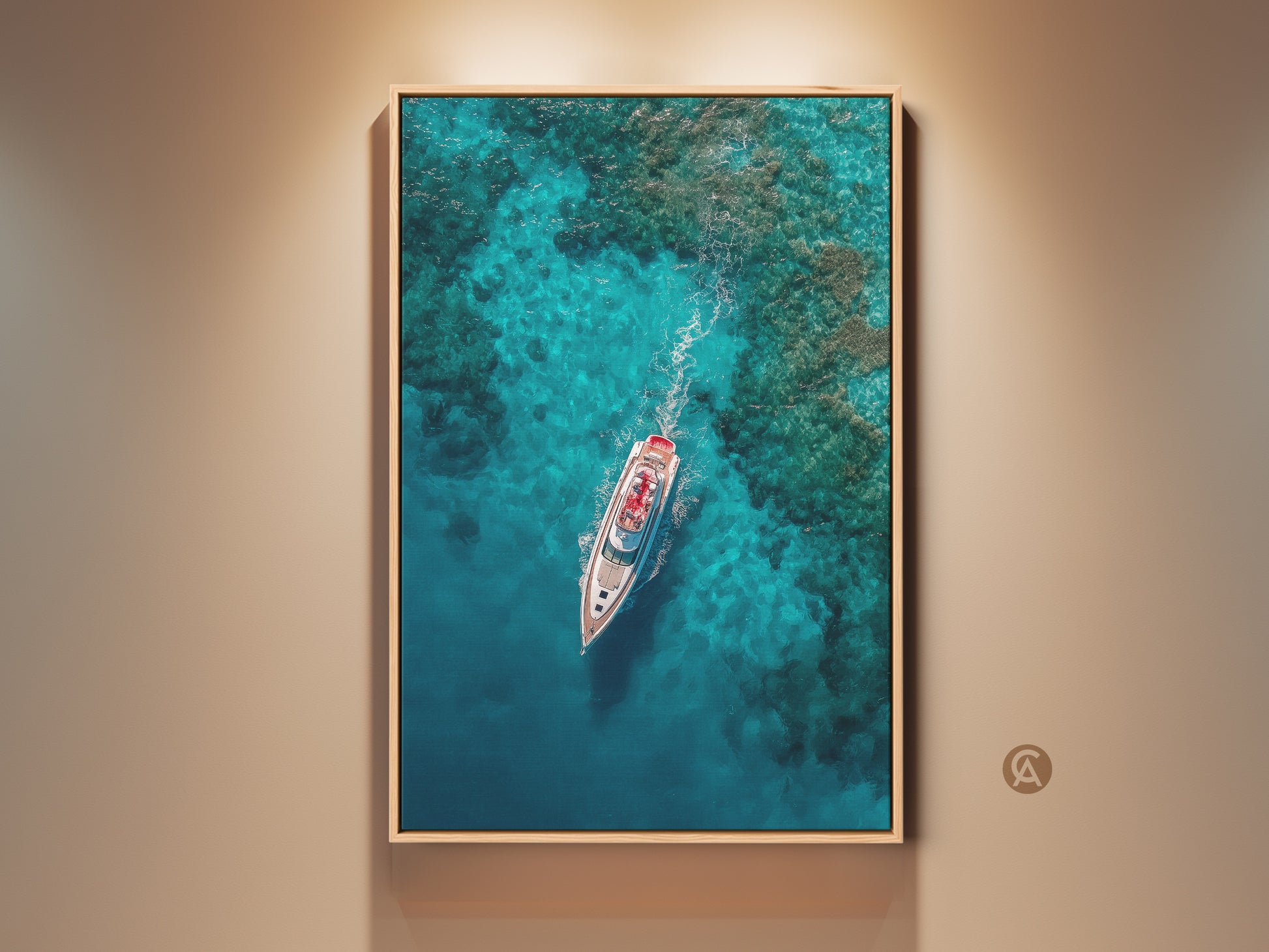 Elevate your space with stunning yacht artwork. This framed artwork print captures a luxury yacht sailing across turquoise waters. The aerial view showcases the yachts sleek white hull. Discover captivating yacht art perfect for any room.