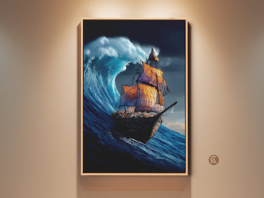 Experience maritime adventure with this nautical ship art print. A vintage sailboat braves a colossal ocean wave. The deep blues and vibrant oranges add coastal charm to any room. Ideal for home offices or as a travel gift. This captivating artwork fits nautical coastal or eclectic themes