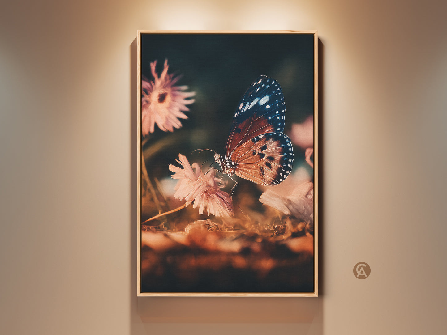 Framed butterfly and flower artwork. This macro floral print features a butterfly perched on a peach flower. Teal accents complement this eclectic nature wall art. Ideal birthday gift for her.