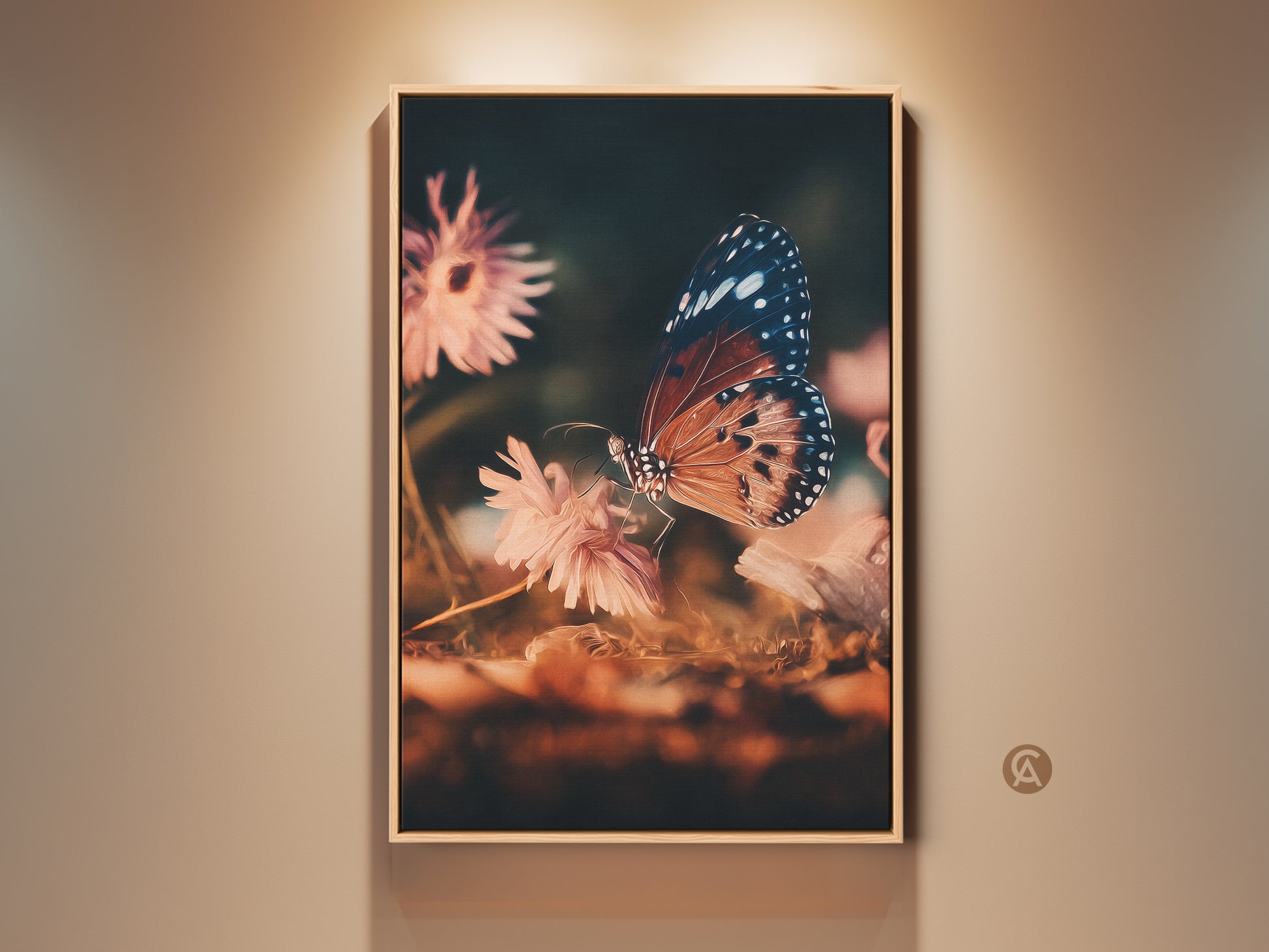 Framed butterfly and flower artwork. This macro floral print features a butterfly perched on a peach flower. Teal accents complement this eclectic nature wall art. Ideal birthday gift for her.