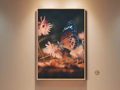Framed butterfly and flower artwork. This macro floral print features a butterfly perched on a peach flower. Teal accents complement this eclectic nature wall art. Ideal birthday gift for her.
