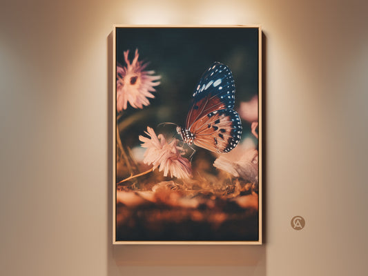 Framed butterfly and flower artwork. This macro floral print features a butterfly perched on a peach flower. Teal accents complement this eclectic nature wall art. Ideal birthday gift for her.