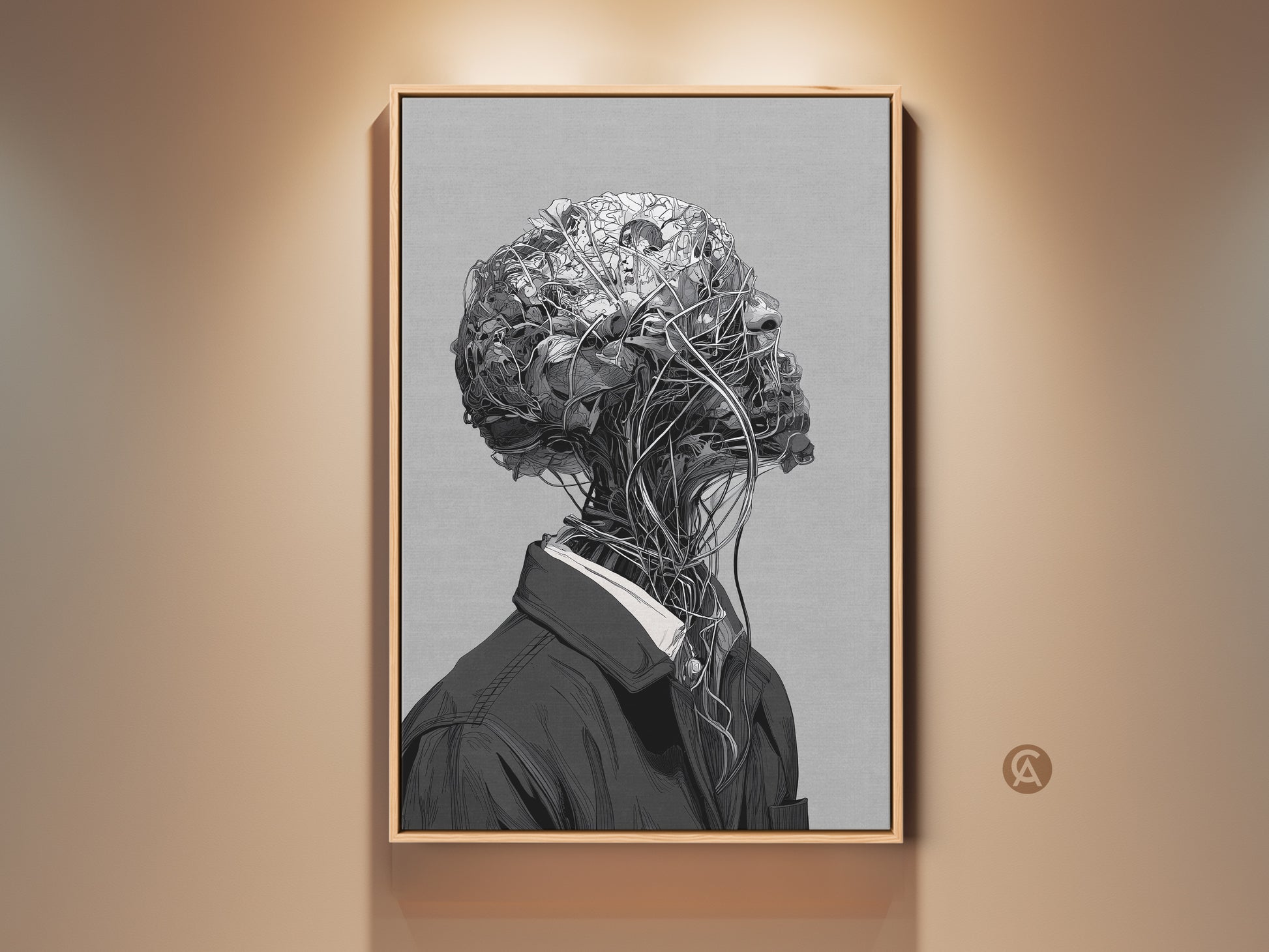 Framed artwork in a warm setting. This piece features a surreal depiction of a human form. The head is replaced with a tangled mass of organic and mechanical elements. The artwork has a modern art style.