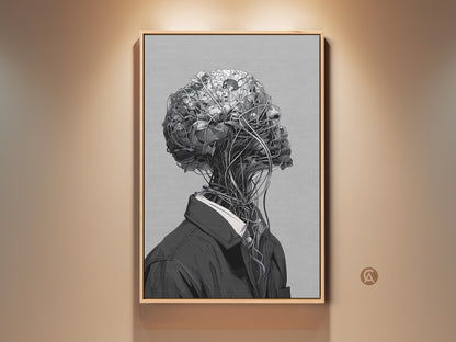 Framed artwork in a warm setting. This piece features a surreal depiction of a human form. The head is replaced with a tangled mass of organic and mechanical elements. The artwork has a modern art style.