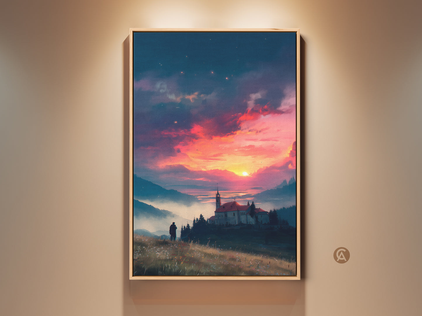 Experience the serenity of a sunset landscape artwork. A lone figure gazes at a tranquil lake near a church. The sky is ablaze with vibrant colors. This framed art print is a captivating focal point for any room.