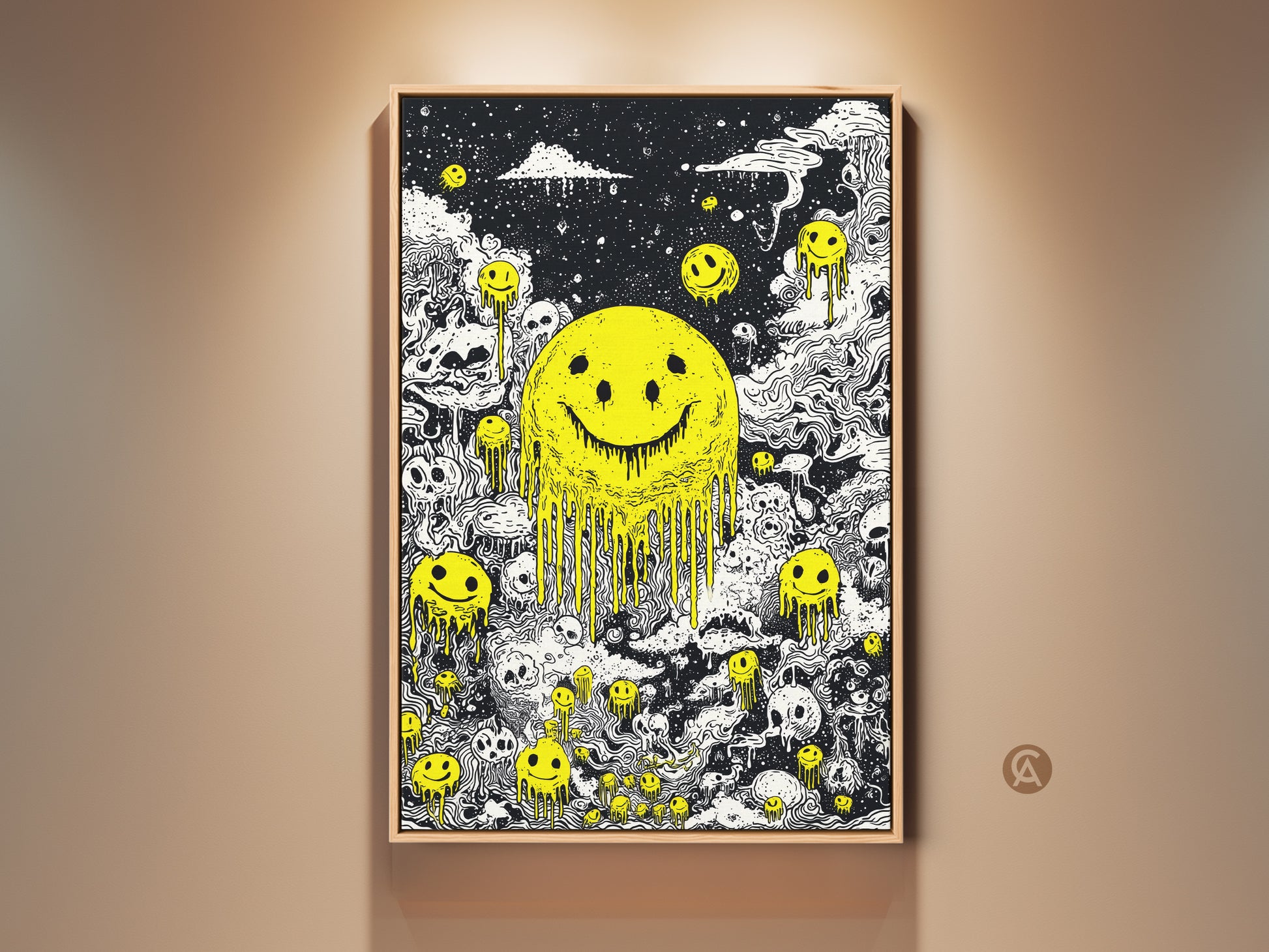 Framed artwork featuring a melting yellow smiley face surrounded by skulls. The art style is black and white with yellow accents. The frame is a natural wood color. This piece adds a unique touch to any room. A perfect blend of dark humor and vibrant color for art collectors.