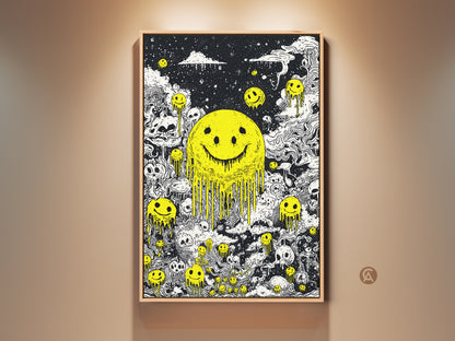 Framed artwork featuring a melting yellow smiley face surrounded by skulls. The art style is black and white with yellow accents. The frame is a natural wood color. This piece adds a unique touch to any room. A perfect blend of dark humor and vibrant color for art collectors.