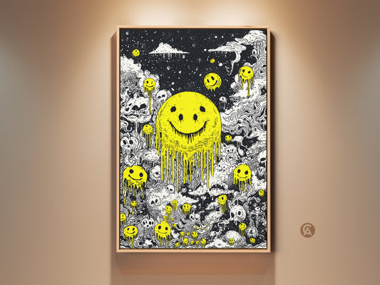 Framed artwork featuring a melting yellow smiley face surrounded by skulls. The art style is black and white with yellow accents. The frame is a natural wood color. This piece adds a unique touch to any room. A perfect blend of dark humor and vibrant color for art collectors.