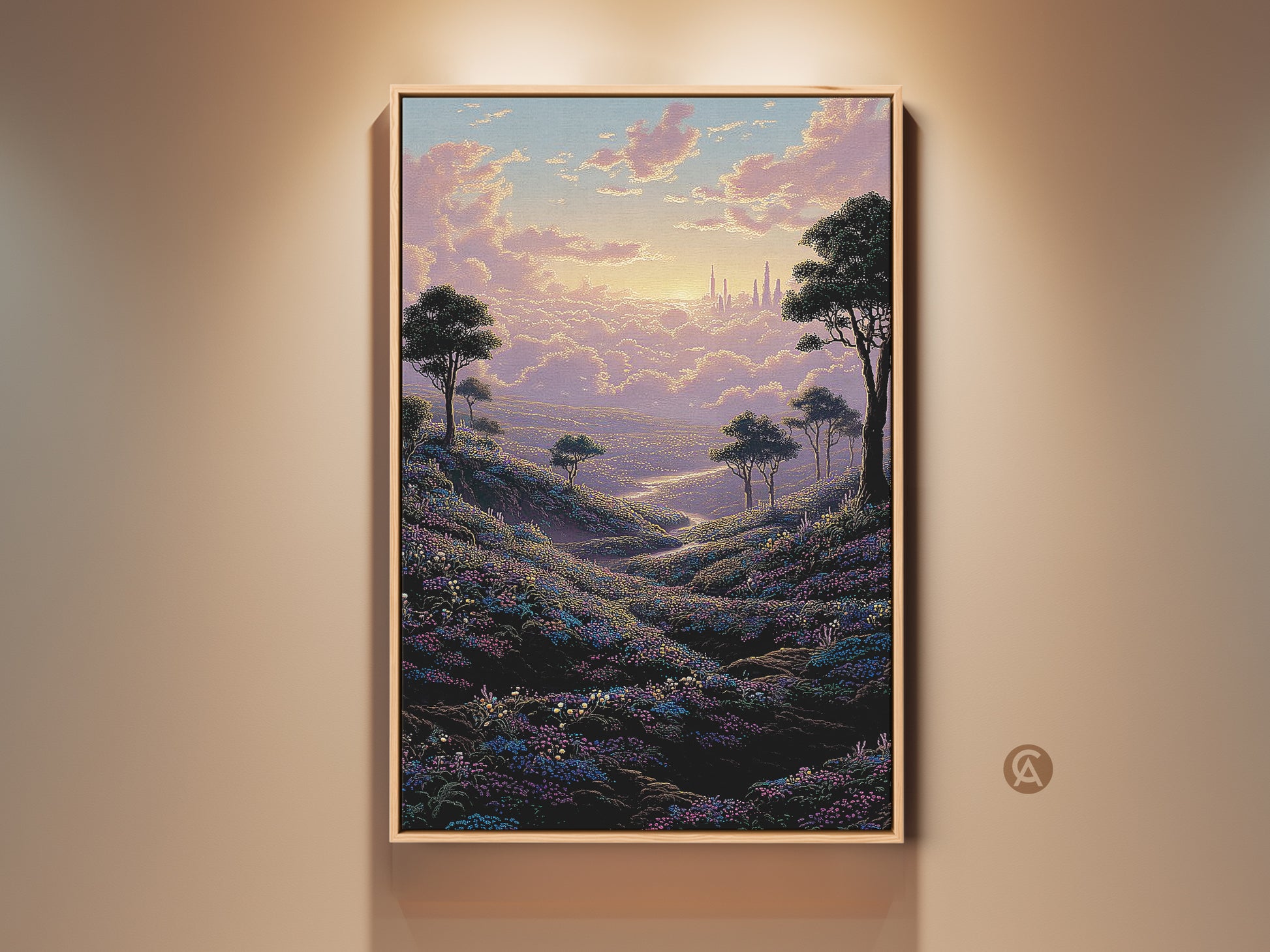Pastel landscape art print featuring a dreamy fantasy cityscape at sunset. Rolling hills meet flower fields in pink yellow and purple colors. Perfect bedroom decor or a unique housewarming gift for her.