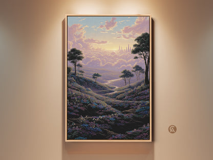 Pastel landscape art print featuring a dreamy fantasy cityscape at sunset. Rolling hills meet flower fields in pink yellow and purple colors. Perfect bedroom decor or a unique housewarming gift for her.