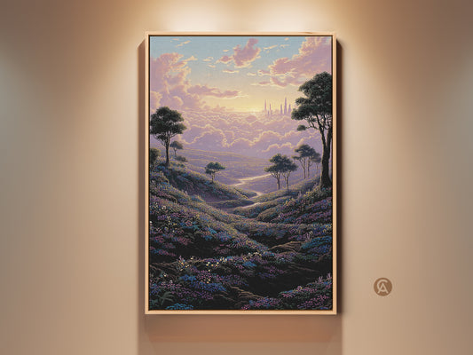 Pastel landscape art print featuring a dreamy fantasy cityscape at sunset. Rolling hills meet flower fields in pink yellow and purple colors. Perfect bedroom decor or a unique housewarming gift for her.