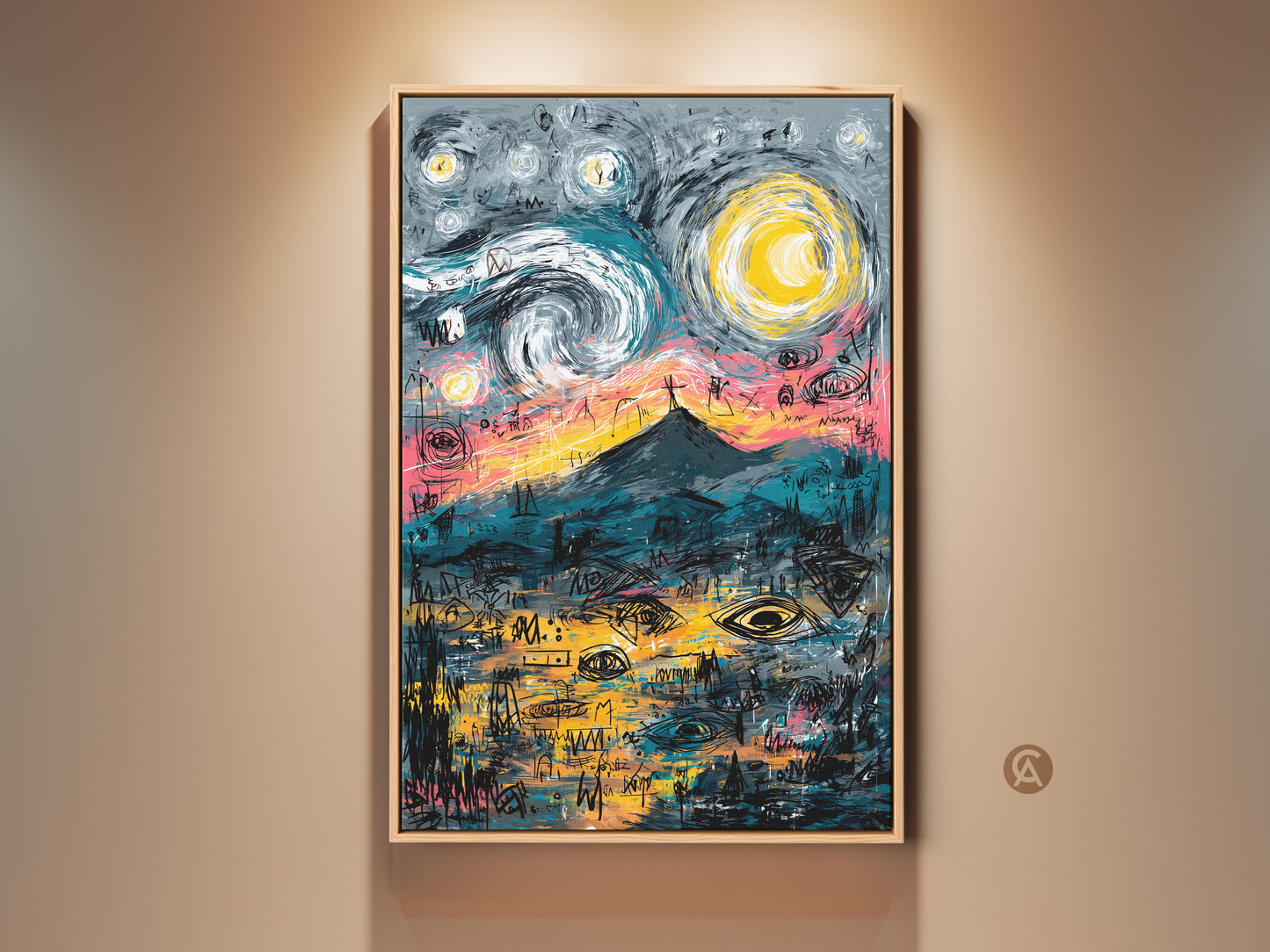 Framed abstract art print. The artwork features a mountain under a starry sky. The art print is framed and displayed on a neutral wall. Purchase museum-quality framed art prints online.